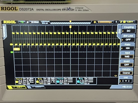 A digital oscilloscope screen displaying a square wave signal. The signal is PWM at 100kHz with a deviation/jitter of approximately 1kHz. The scope is a Rigol DS2072A.