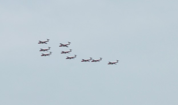 Snowbirds flying in formation from below/behind left. Unlike the shots yesterday with the phone you can clearly make out the fuselage colours.