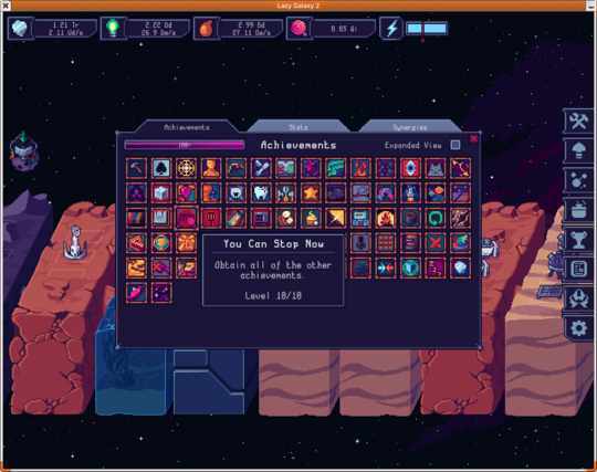 A screenshot of the game Lazy Galaxy 2 displaying the achievements menu, showing various colorful achievement icons and detailed stats. The highlighted achievement reads, 