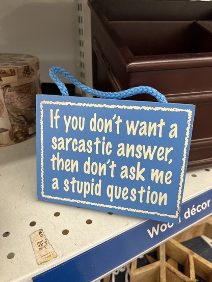 A blue, rectangular sign with the text “If you don’t want a sarcastic answer, then don’t ask me a stupid question” rests on a shelf, amidst various objects.