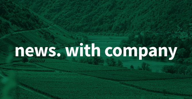 A look at a river valley with green vineyards. Text “news. with company” written over. All in Weblate colors.