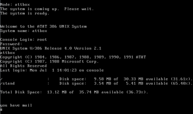 Screenshot of System V/386 Release 4.0 Version 2.1