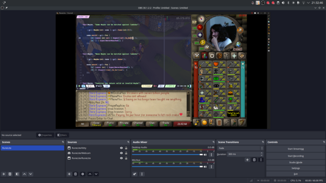 A screenshot of an OBS setup that shows a Old School RuneScape window with my camera where the minimap would be and Vim on top of the game viewport with some see-through opacity and colour settings.

My main stats look kewl btw