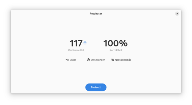 Screenshot of Keypunch's results screen, showing that I've typed 117 words per minute with a correctness of 100%. The session used the simple mode, lasted for 30 seconds, and was in Norwegian.
