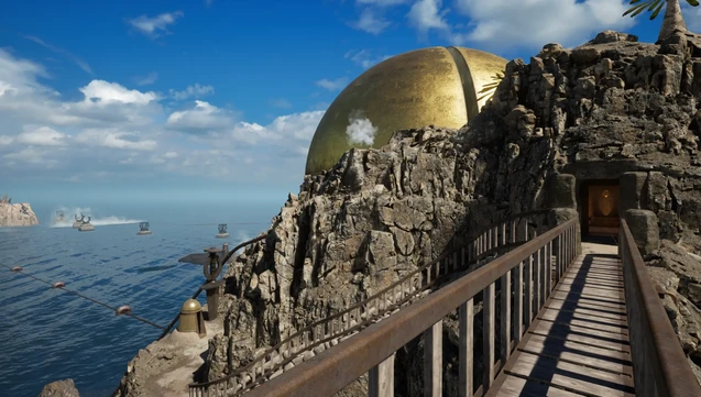 A screenshot from the 2024 remake of the game Riven, originally released in 1997. The scene shows the starting island viewed from a bridge, capturing the stunning updated visuals. The island is mostly rocky with a few plants and features a distinctive gold dome at its peak. From this vantage point, you can see into a dimly lit room, and there are stairs wrapping around the cliffside, adding to the intricate and atmospheric design of the game. The game is running on Ubuntu using Proton via Steam.