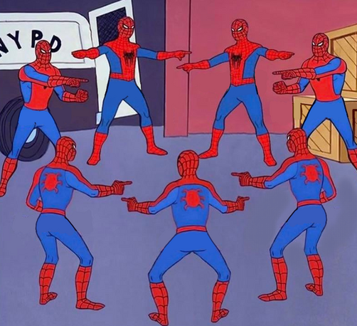 Seven identical Spider-Mans in a circle all pointing directly at each other