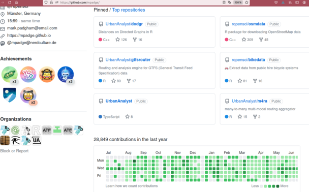 A screenshot of mpadge's GitHub user page showing a grid of git contributions. The grid of contributions reads ->ROPENSCI<- in pixelated green.