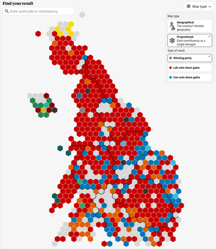 UK largely covered in constituencies where Labour has won.
