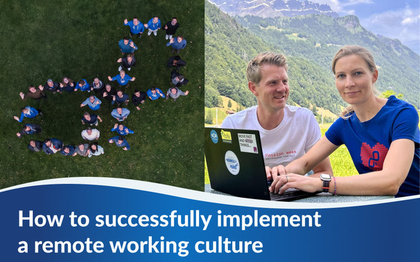 People building the OpenProject logo and two people in front of a laptop in the mountains.
Text below: How to successfully implement a remote working culture