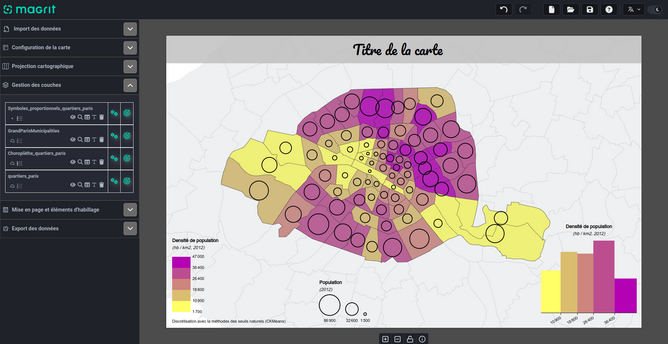 Screenshot of the Magrit interface (using dark theme) while creating a thematic map.
This shows the outline of Paris city districts, colored according to population density, transparent proportional symbols to represent the population stock per district, and various legend elements.