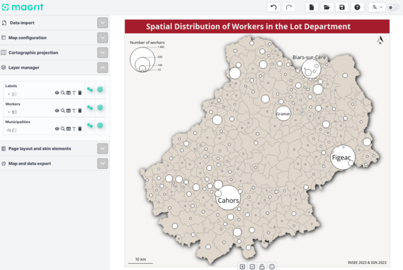 Screenshot of the Magrit application to show a map in the making. A map of the worker population in the municipalities of the french department of Lot is shown with proportional symbols. Some labels are also displayed as well as a north arrow, a scale bar, a title, a legend and a text for sources. 