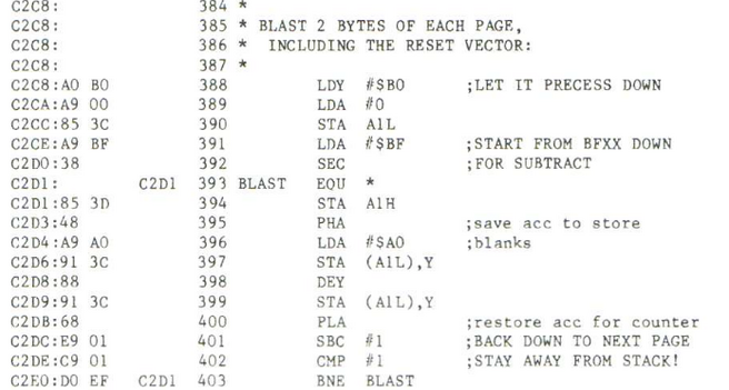 Routine in Apple IIe ROM to intentionally trash RAM on a reset.
