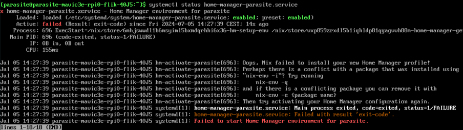 systemctl status home-manager-parasite.service basically telling that home manager doesn't work but being awfully unspecific.