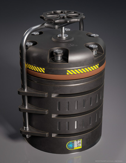 cylindrical container with adjustable bolts around the top and a pressure release handle