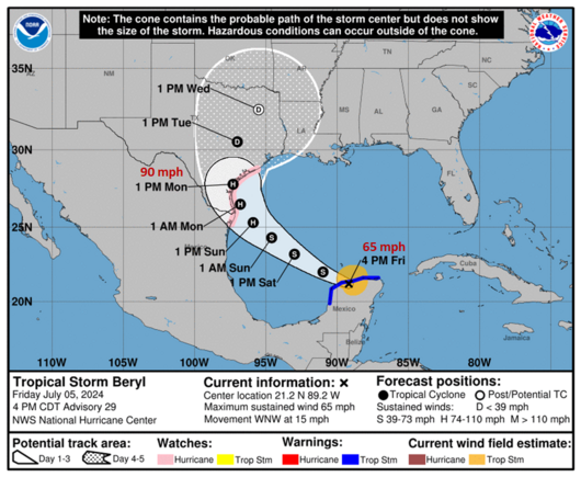Map and track of Beryl from NHC