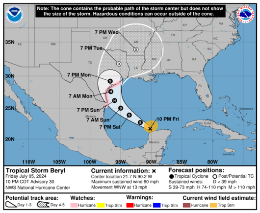 weather.gov WX cone showing that it'll make landfall in southeast TX.