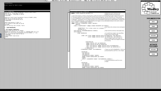 Screenshot of the black and white desktop of a 1980s graphical workstation environment. The desktop has a gray background pattern and some windows with a white background and a title bar with white text on a black background. The main window shows a Lisp editor with a scrollbar at the left side.