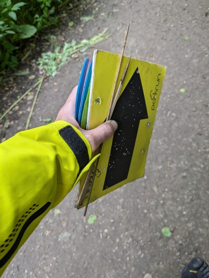 Clearing up after the run. A hand protruding from a yellow and black coat sleeve is grasping some stacked marker cones, a yellow-backed arrow sign and a pair of thin wooden stakes. The out of focus background is a gravel path with some foliage to the left.