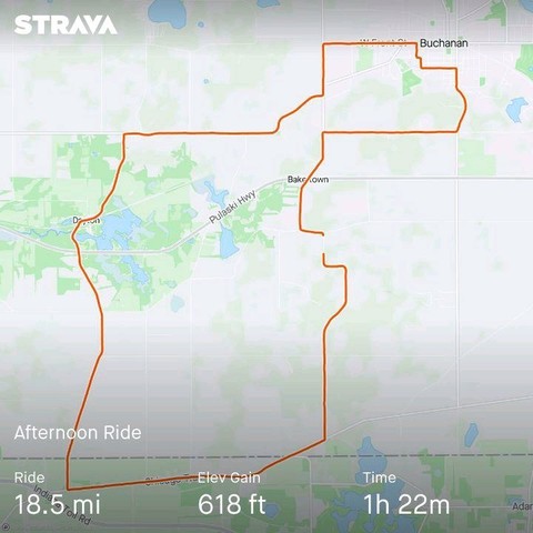 A map of a bicycle ride. It was 18.5 miles long and took one hour and 22 minutes.