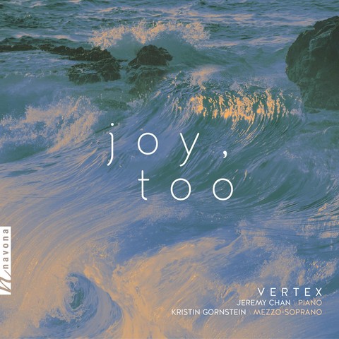 Cover of Vertex Duo’s Navona Records album “Joy, Too”, featuring a colorful painting of crashing waves in the sea.