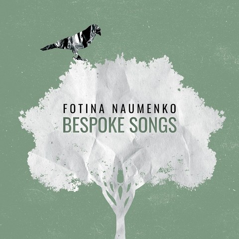 Cover of Fotina Naumenko’s New Focus Recordings album “Bespoke Songs”, featuring a painting with a white tree on a green background with a black and white bird perched on top.