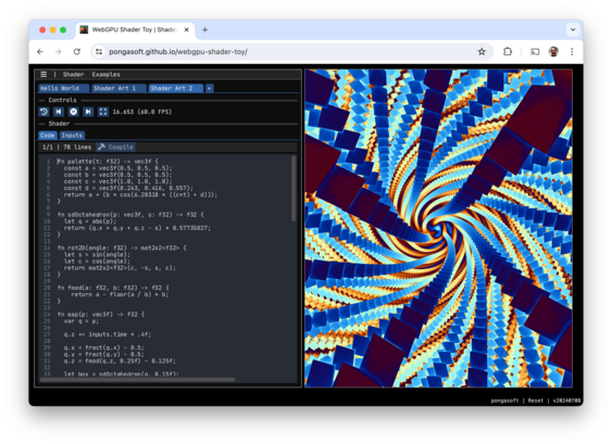 Screenshot of the WebGPU Shader Toy interface showing the editor panel on the left side and the live shader panel on the right