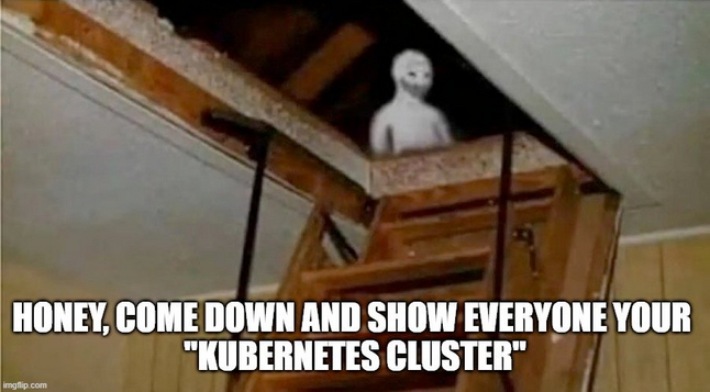 A ghastly meme drawn guy in the roof cabinet of a house, with meme text: Honey, come back down and show everyone your 
