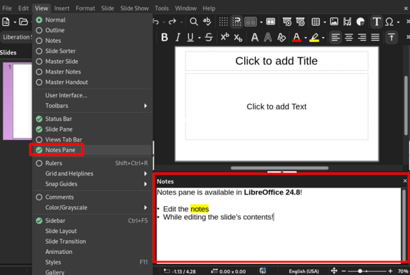 Screenshot of LibreOffice Impress Notes Pane