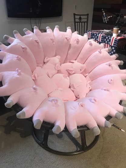 A round pink chair, in the shape of many pigs. The outer part is the back half of pigs with the legs sticking out, like a flower. The inner part is whole pigs, in a swirl.