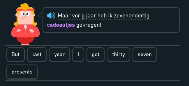 Screenshot from Duolingo lesson in Dutch. Translation, 