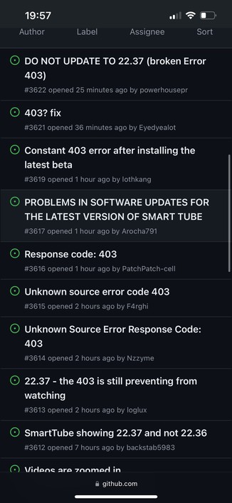 A list of GitHub issues on a software project, with topics mainly about error code 403 and problems relating to specific software updates.