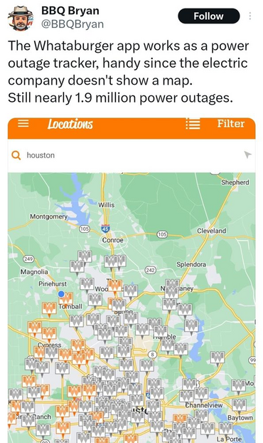 Social media post showing a map with various locations in either orange or gray.

