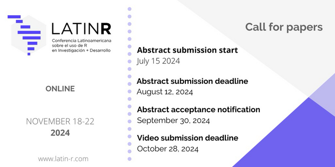 LatinR. Call for papers. Abstract submission start July 15, 2024. Abstract submission deadline: August 12, 2024. Abstract acceptance notification: September 30, 2024. Video submission deadline: October 28, 2024. Conference: November 18-22. Online.