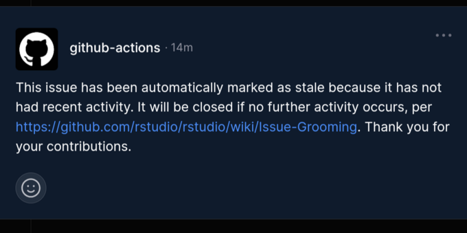 This issue has been automatically marked as stale because it has not had recent activity. It will be closed if no further activity occurs, per https://github.com/rstudio/rstudio/wiki/Issue-Grooming. Thank you for your contributions.