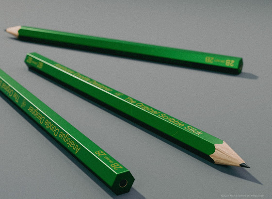 Green wooden pencil with The Original Scribble Stick written on the side. Grade 2B or not 2B
