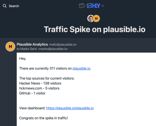 Website traffic spike notification from Plausible