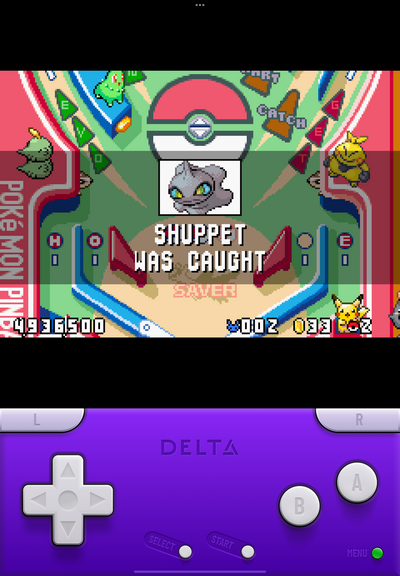Screenshot of Delta running Pokemon Pinball Portrait with GBA full screen skin