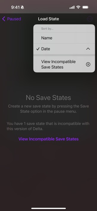 Screenshot of Delta Load State Screen with Menu Button pressed showing option to 