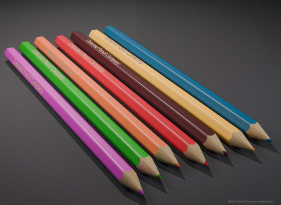 7 wooden pencil models in bright rainbow shades