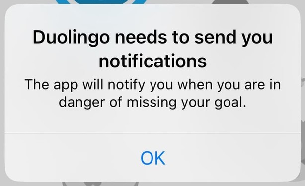 iPhone dialog box with the following text:

Duolingo needs to send you notifications

The app will notify you when you are in danger of missing your goal.
