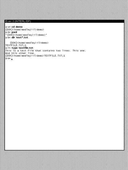 Screenshot of a portion of the black and white desktop of a 1980s graphical workstation environment. The desktop has a gray background pattern and one window with a white background and a title bar with white text on a black background. The window, which takes up most of the screenshot, shows a session of file system commands typed at the command line prompt.