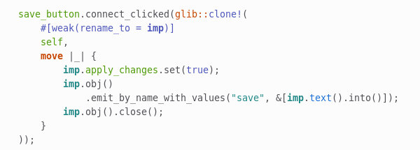 Screenshot of a piece of Rust code using glib-rs' refreshed 