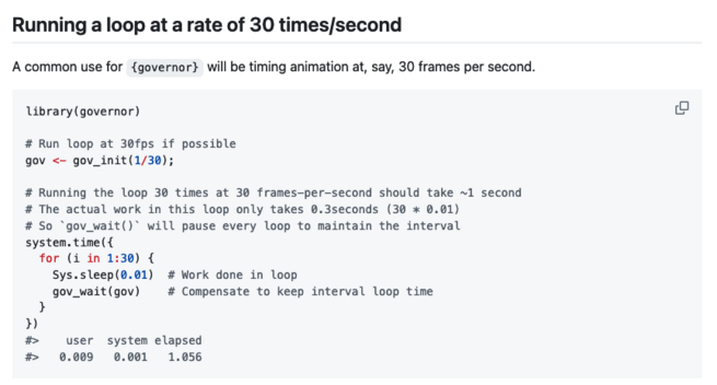 Showing how to use the 'governor' package to run a loop at 30 times / second.