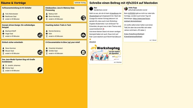 Ein Screenshot der Social Media Wall im Layout für das Java Forum Stuttgart. Hauptfarbe ist gelb. Auf der linken Seite sieht man die aktuell laufenden Vorträge mit Titel, Sprecher, Raum, und Dauer. Auf der rechten Seite sieht man Social Media Beiträge von Mastodon.