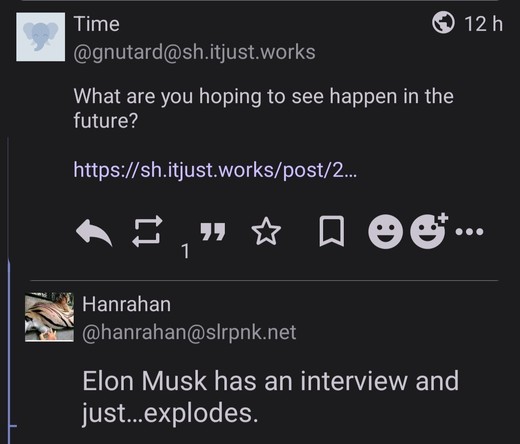@gnutard@sh.itjust.works - Time:
What are you hoping to see happen in the future

@hanrahan@slrpnk.net:
Elon Musk has an interview and just...explodes.