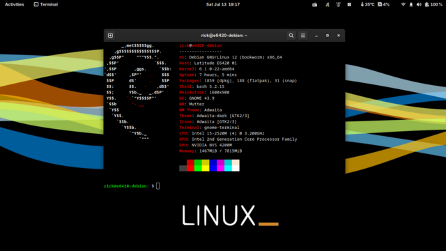 #neofetch of my 2011 Latitude E6420 prosumer laptop running #Debian #Linux 12 (Bookworm). 