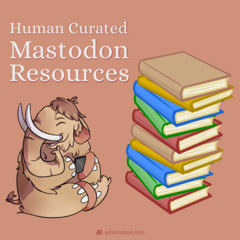 An cartoon style of a Mastodon holds a book next to large stack of books.