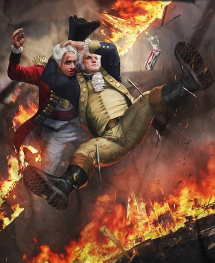 A painting featuring George Washington attacking a British colonial soldier with a pro wrestling move.