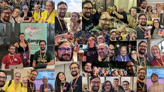 Collage of photos of Paolo with other people met at EuroPython 2024