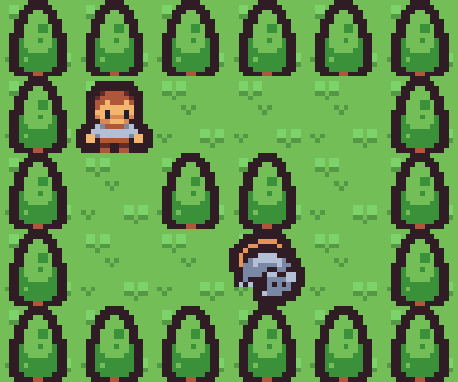 A 5 by 6 tile map. Every tile slot has a grass tile. There's also a pixel-sprite human character at a position 2 tiles along and 2 tiles down and an enemy rat character at a position 4 tiles along and 4 down. There are tree sprites all the way around the edge and two more in the centre, creating a donut shape of grass that the player and enemy can move within.